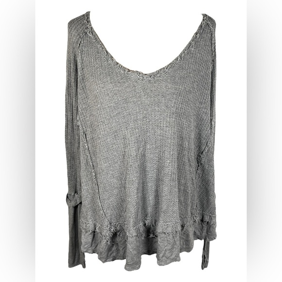 Free People We the Free Gray Waffle Knit Longsleeve Distressed Thermal Oversized - Picture 1 of 8